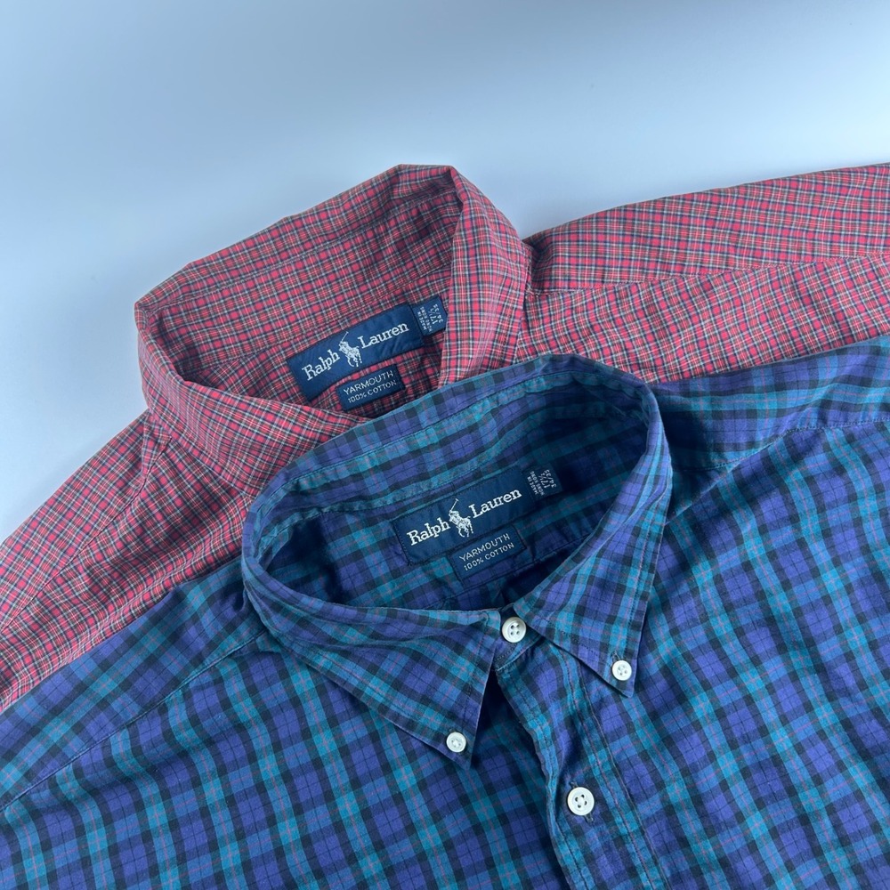 Ralph Lauren Mens 17.5 34/35 (XL) Yarmouth Button Down Shirts Bundle Plaid Blue